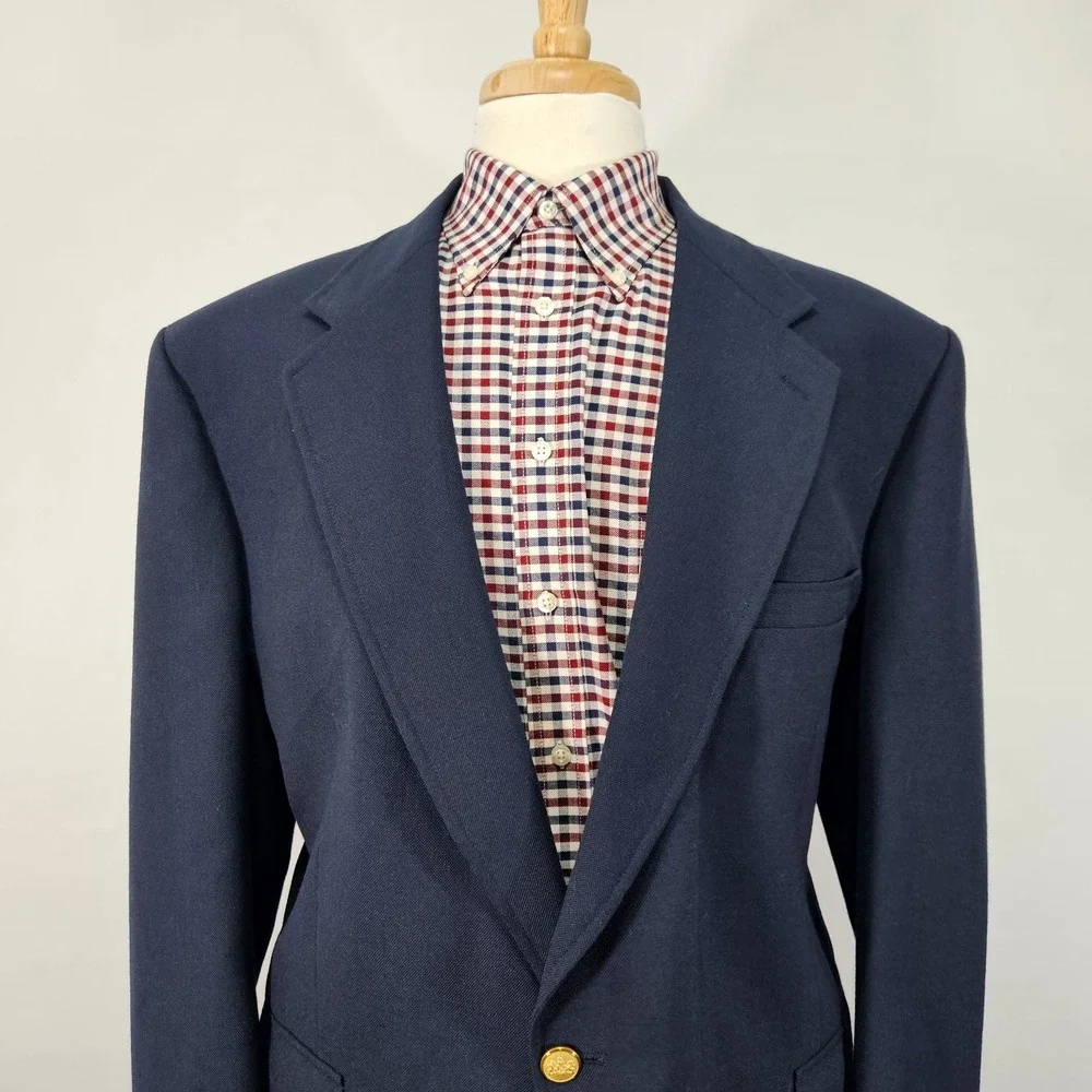 VTG Stafford Men's‎ Sport Coat Blazer Two Button Navy Polyester Wool 50R Slim